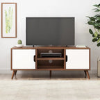 Meuble TV de 120 cm avec pieds obliques et 3 tiroirs décalés pour téléviseurs jusqu'à 102 cm
