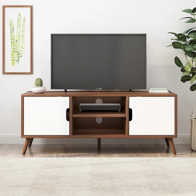Meuble TV de 120 cm avec pieds obliques et 3 tiroirs décalés pour téléviseurs jusqu'à 102 cm