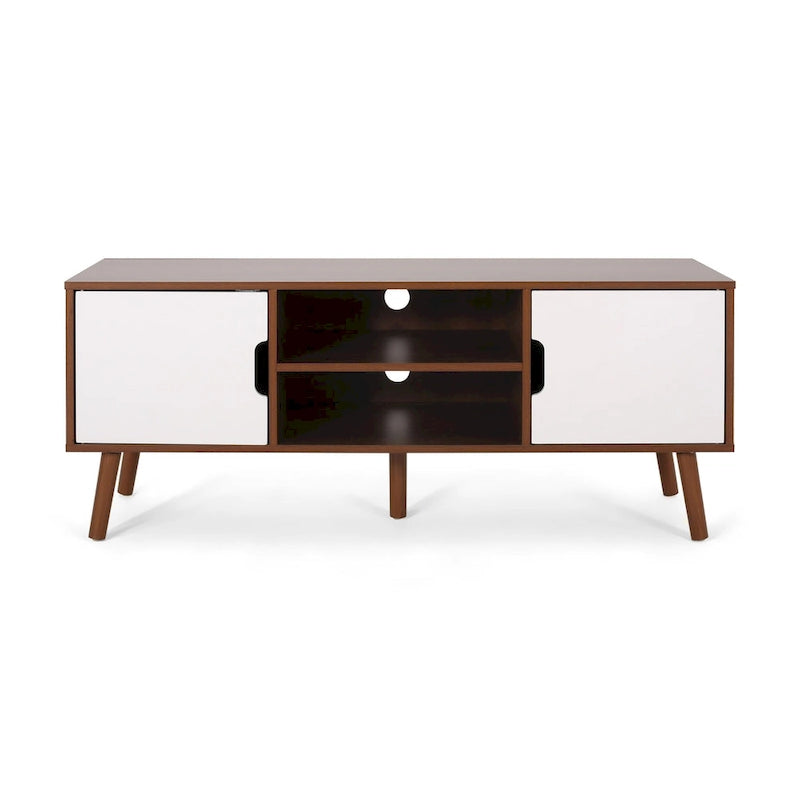 Meuble TV de 120 cm avec pieds obliques et 3 tiroirs décalés pour téléviseurs jusqu'à 102 cm