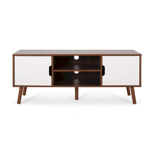 Meuble TV de 120 cm avec pieds obliques et 3 tiroirs décalés pour téléviseurs jusqu'à 102 cm