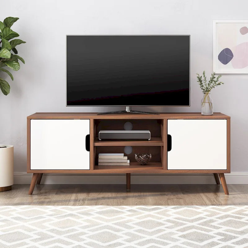 Meuble TV de 120 cm avec pieds obliques et 3 tiroirs décalés pour téléviseurs jusqu'à 102 cm
