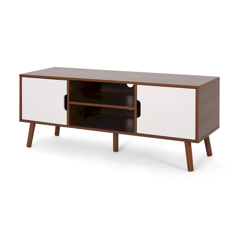 Meuble TV de 120 cm avec pieds obliques et 3 tiroirs décalés pour téléviseurs jusqu'à 102 cm