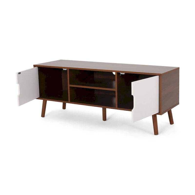Meuble TV de 120 cm avec pieds obliques et 3 tiroirs décalés pour téléviseurs jusqu'à 102 cm