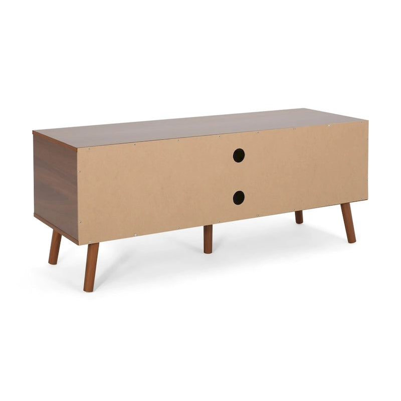 Meuble TV de 120 cm avec pieds obliques et 3 tiroirs décalés pour téléviseurs jusqu'à 102 cm