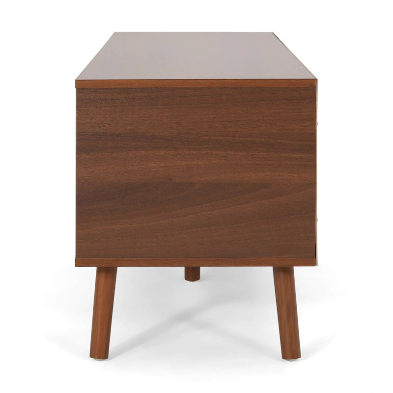 Meuble TV de 120 cm avec pieds obliques et 3 tiroirs décalés pour téléviseurs jusqu'à 102 cm