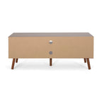 Meuble TV de 120 cm avec pieds obliques et 3 tiroirs décalés pour téléviseurs jusqu'à 102 cm