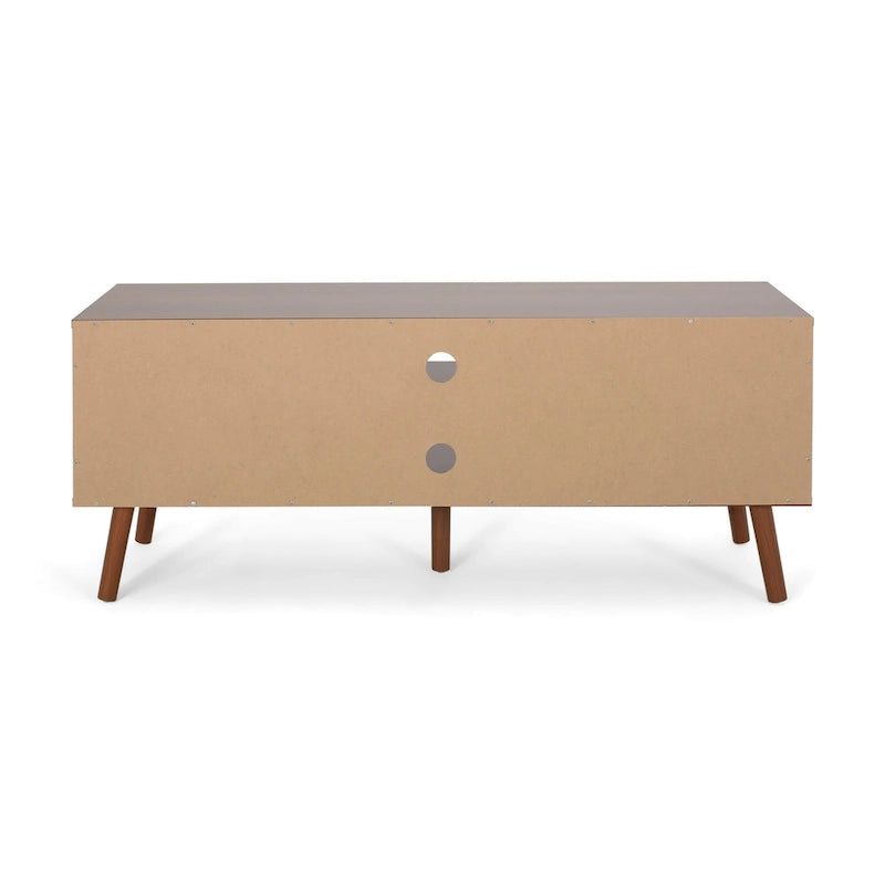 Meuble TV de 120 cm avec pieds obliques et 3 tiroirs décalés pour téléviseurs jusqu'à 102 cm