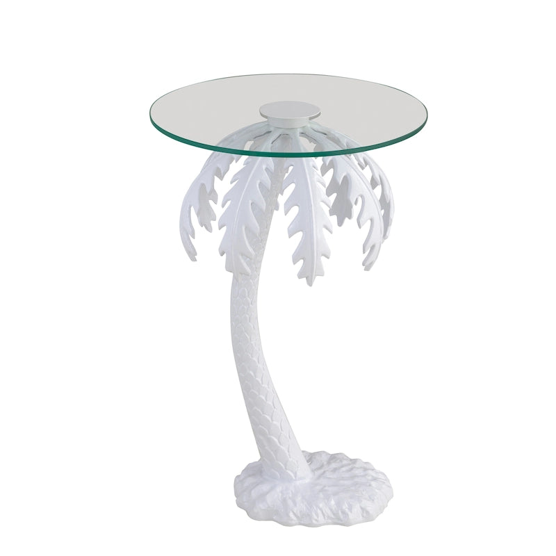 Table d'appoint en métal avec palmier et plateau en verre de 62,87 cm de style Mid-Century, blanc