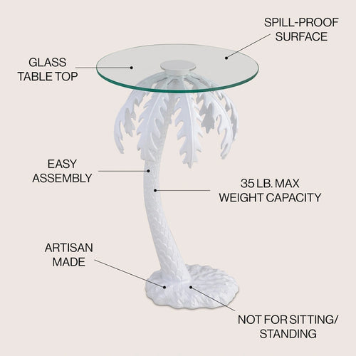 Table d'appoint en métal avec palmier et plateau en verre de 62,87 cm de style Mid-Century, blanc