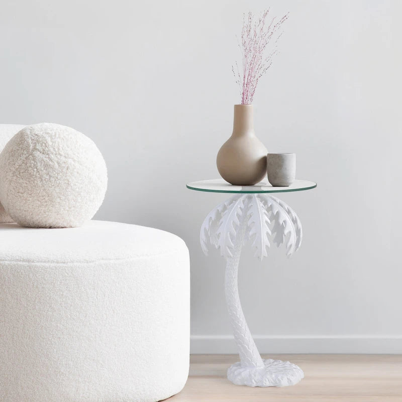 Table d'appoint en métal avec palmier et plateau en verre de 62,87 cm de style Mid-Century, blanc