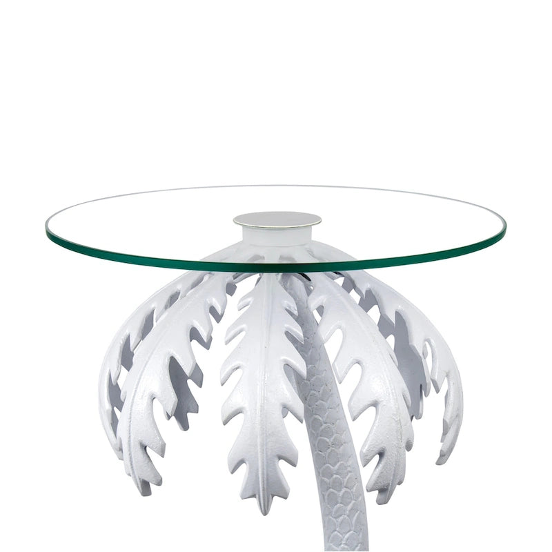Table d'appoint en métal avec palmier et plateau en verre de 62,87 cm de style Mid-Century, blanc