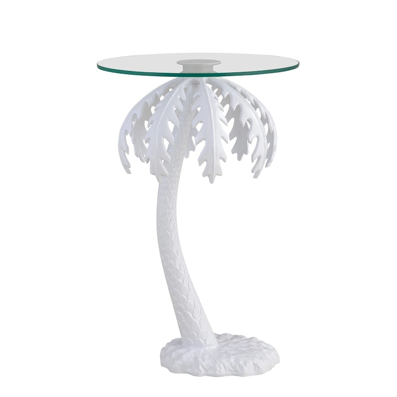 Table d'appoint en métal avec palmier et plateau en verre de 62,87 cm de style Mid-Century, blanc