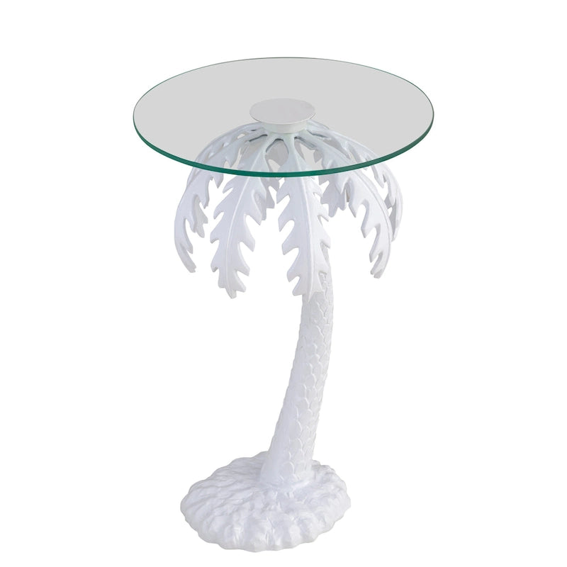 Table d'appoint en métal avec palmier et plateau en verre de 62,87 cm de style Mid-Century, blanc