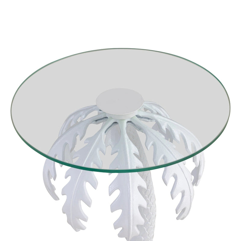 Table d'appoint en métal avec palmier et plateau en verre de 62,87 cm de style Mid-Century, blanc