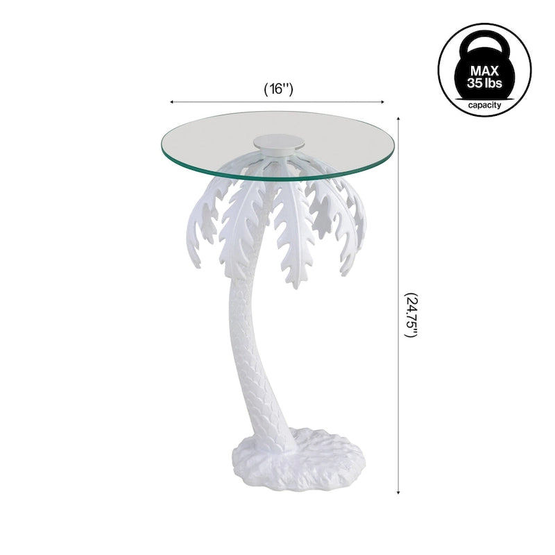 Table d'appoint en métal avec palmier et plateau en verre de 62,87 cm de style Mid-Century, blanc