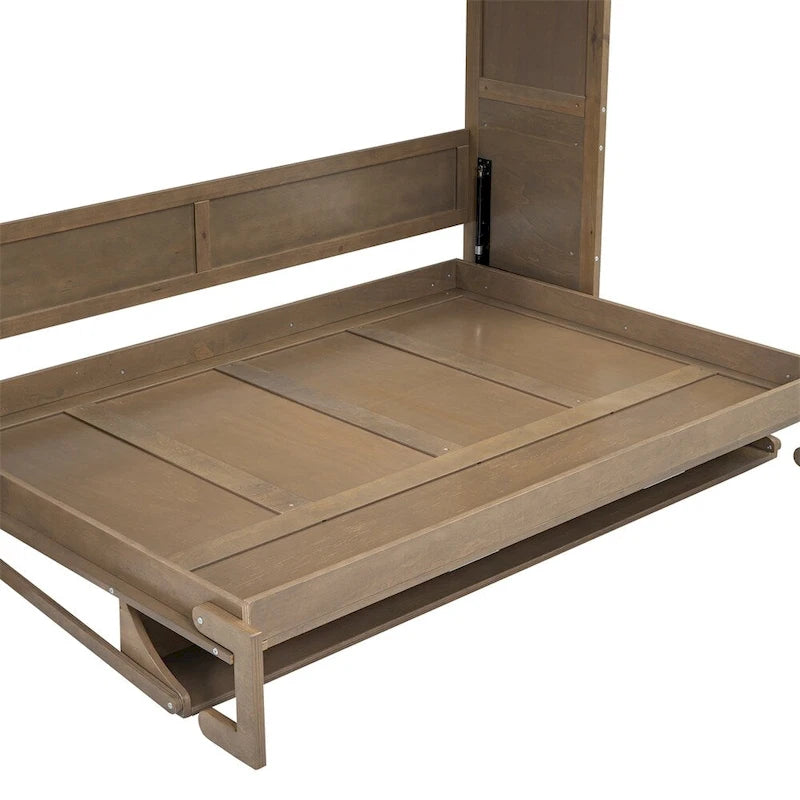 Lit escamotable grand format avec armoire, tiroirs et étagères ouvertes