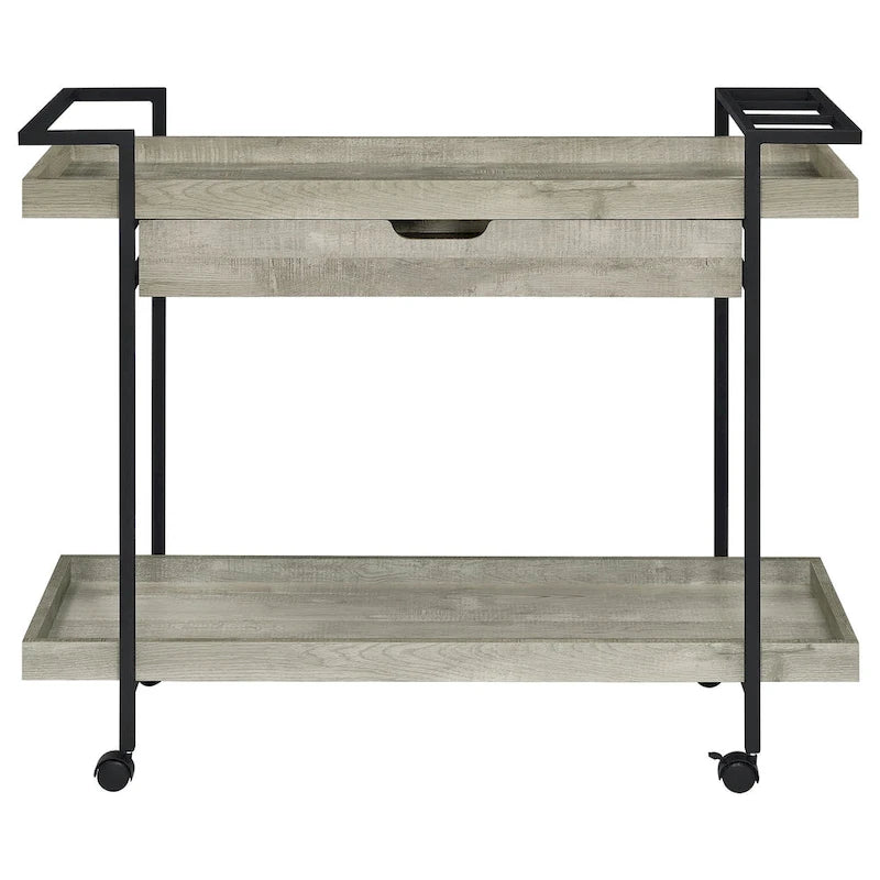 Chariot de bar roulant de 101,6 cm, à 2 niveaux avec tiroir, bois gris et métal noir
