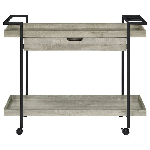 Chariot de bar roulant de 101,6 cm, à 2 niveaux avec tiroir, bois gris et métal noir