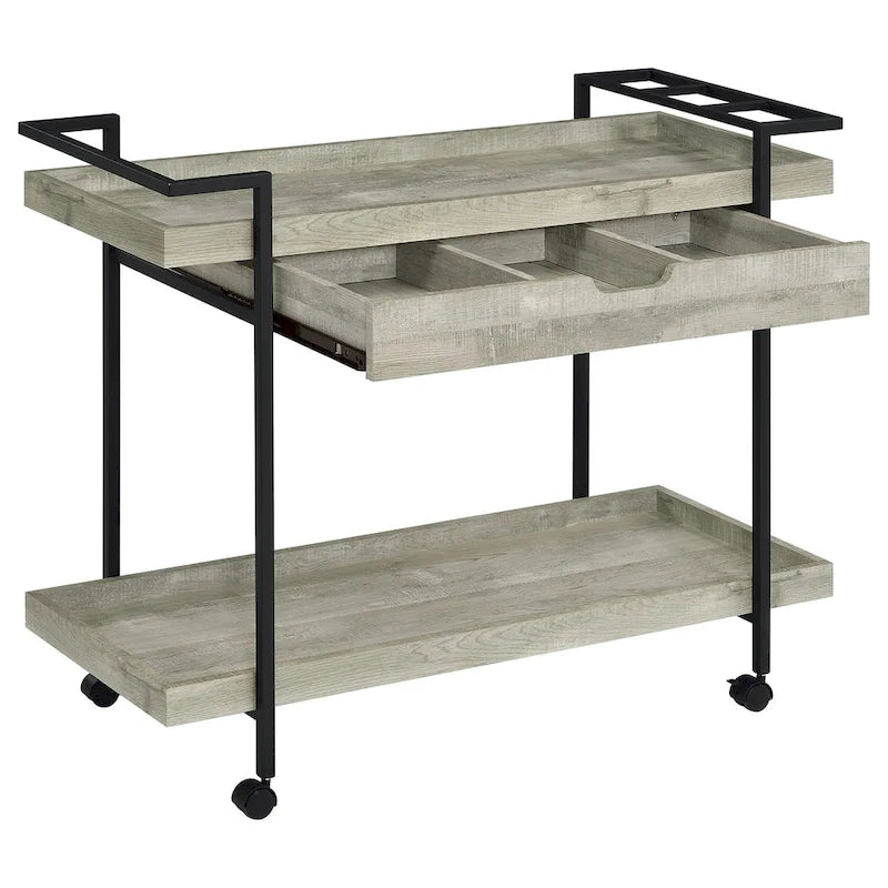 Chariot de bar roulant de 101,6 cm, à 2 niveaux avec tiroir, bois gris et métal noir
