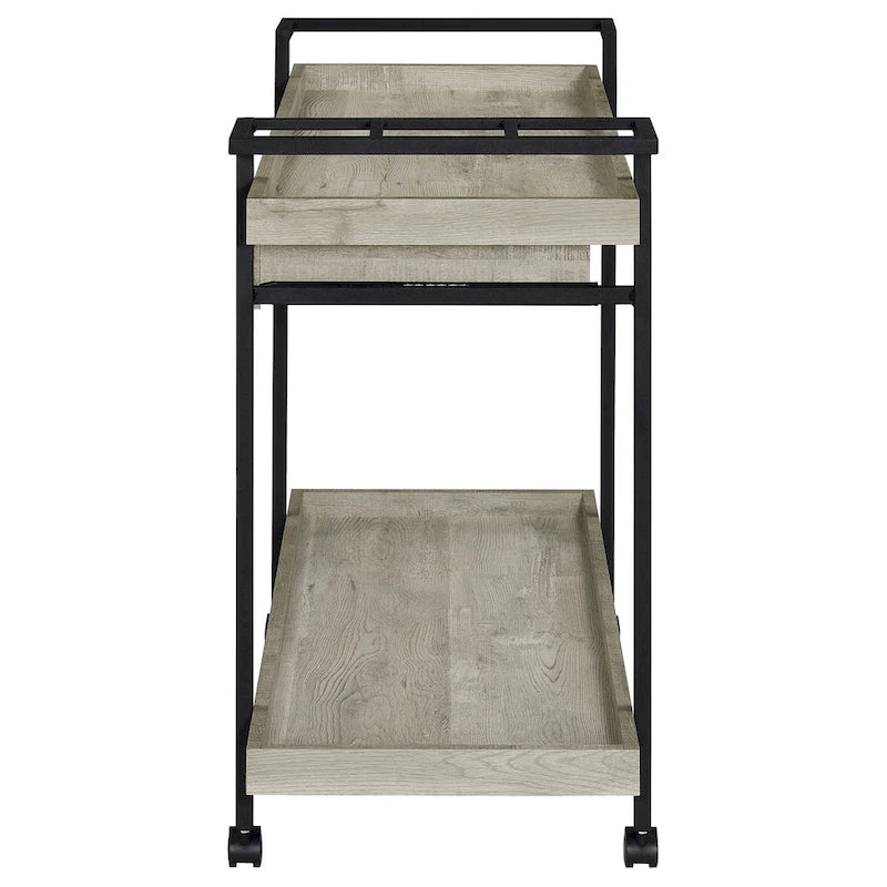 Chariot de bar roulant de 101,6 cm, à 2 niveaux avec tiroir, bois gris et métal noir