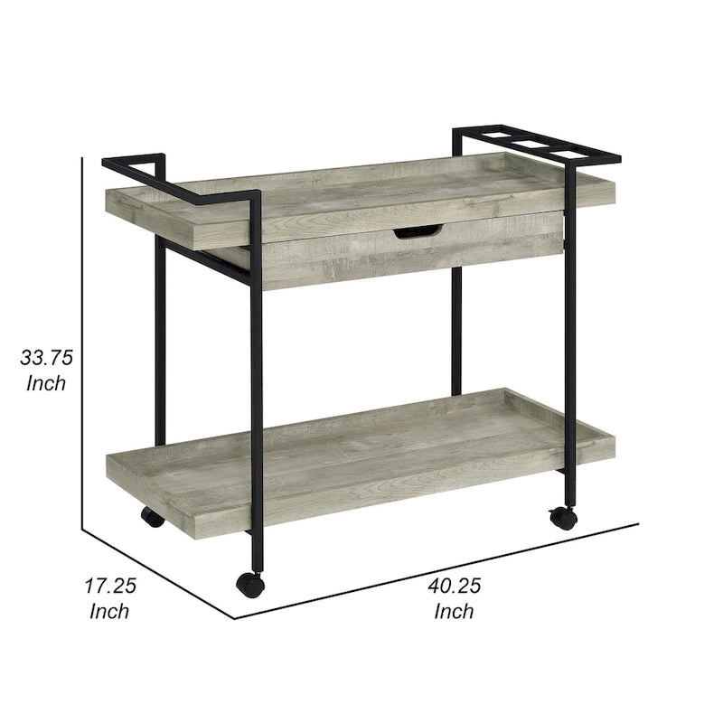Chariot de bar roulant de 101,6 cm, à 2 niveaux avec tiroir, bois gris et métal noir