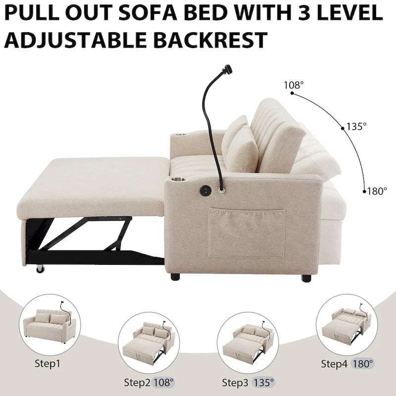 Canapé-lit convertible causeuse avec ports USB, porte-gobelets et dossier réglable