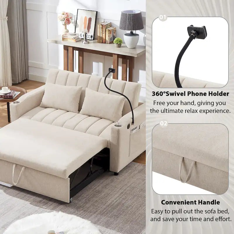 Canapé-lit convertible causeuse avec ports USB, porte-gobelets et dossier réglable