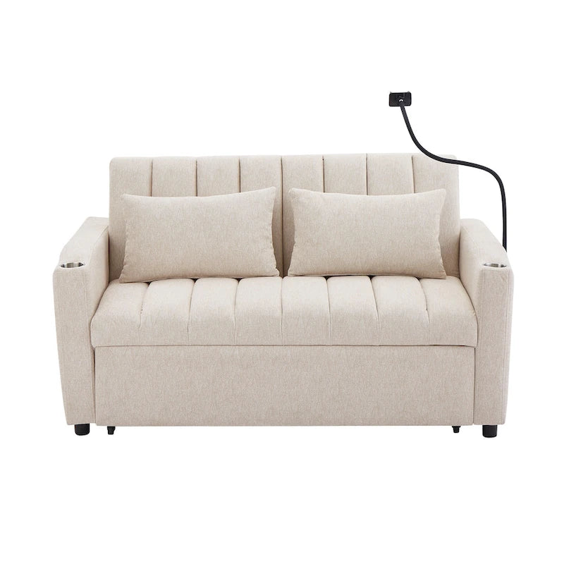Canapé-lit convertible causeuse avec ports USB, porte-gobelets et dossier réglable