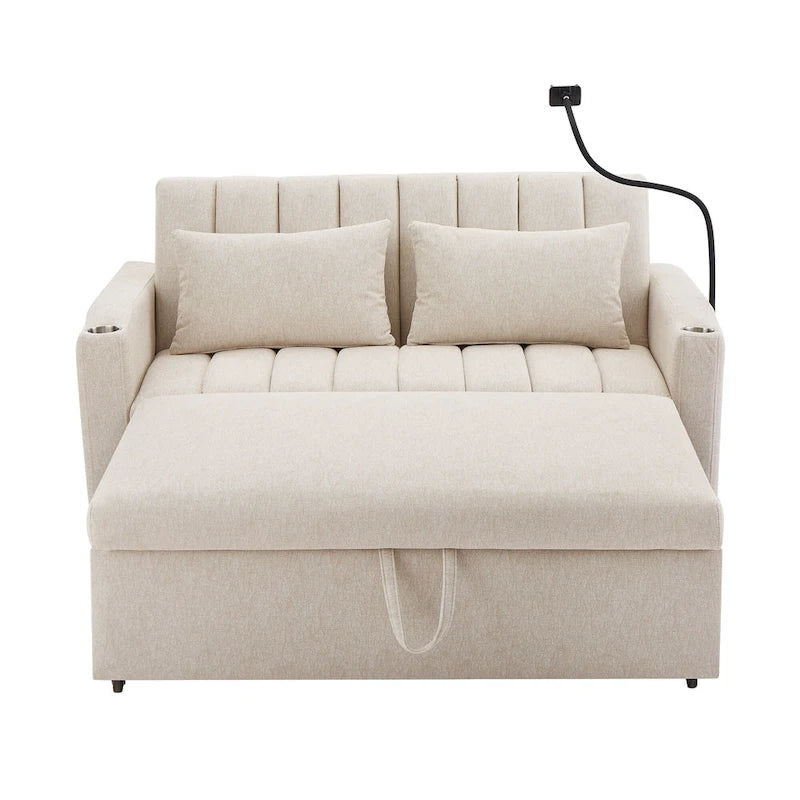 Canapé-lit convertible causeuse avec ports USB, porte-gobelets et dossier réglable