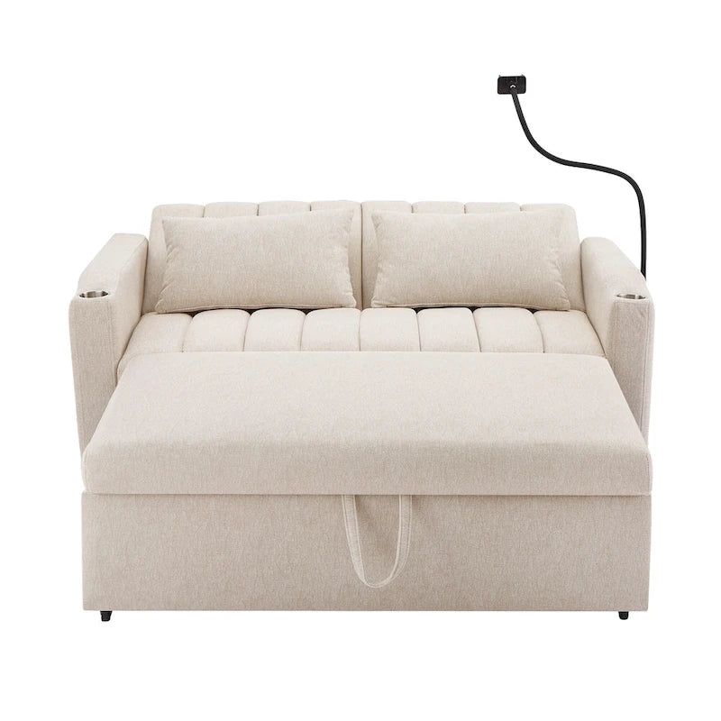 Canapé-lit convertible causeuse avec ports USB, porte-gobelets et dossier réglable
