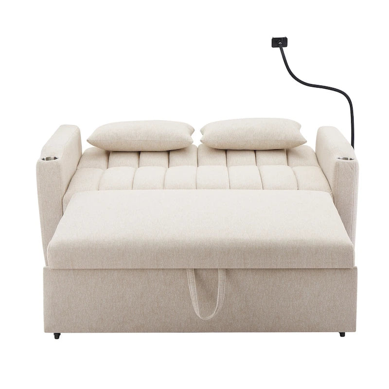 Canapé-lit convertible causeuse avec ports USB, porte-gobelets et dossier réglable