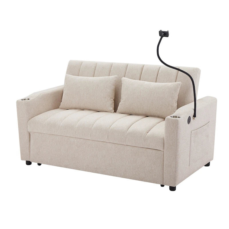Canapé-lit convertible causeuse avec ports USB, porte-gobelets et dossier réglable