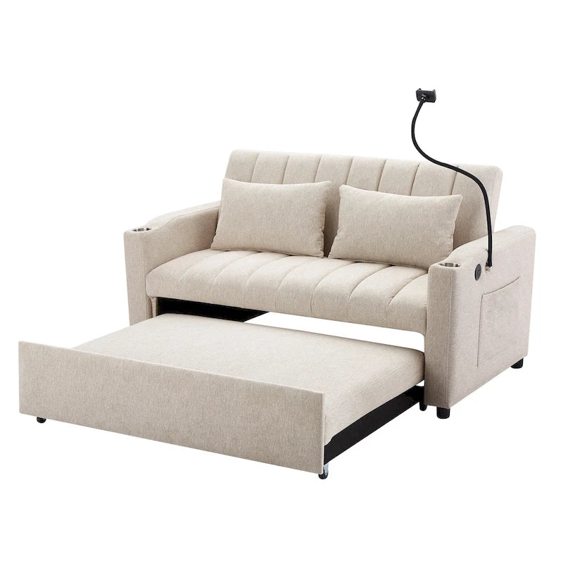 Canapé-lit convertible causeuse avec ports USB, porte-gobelets et dossier réglable