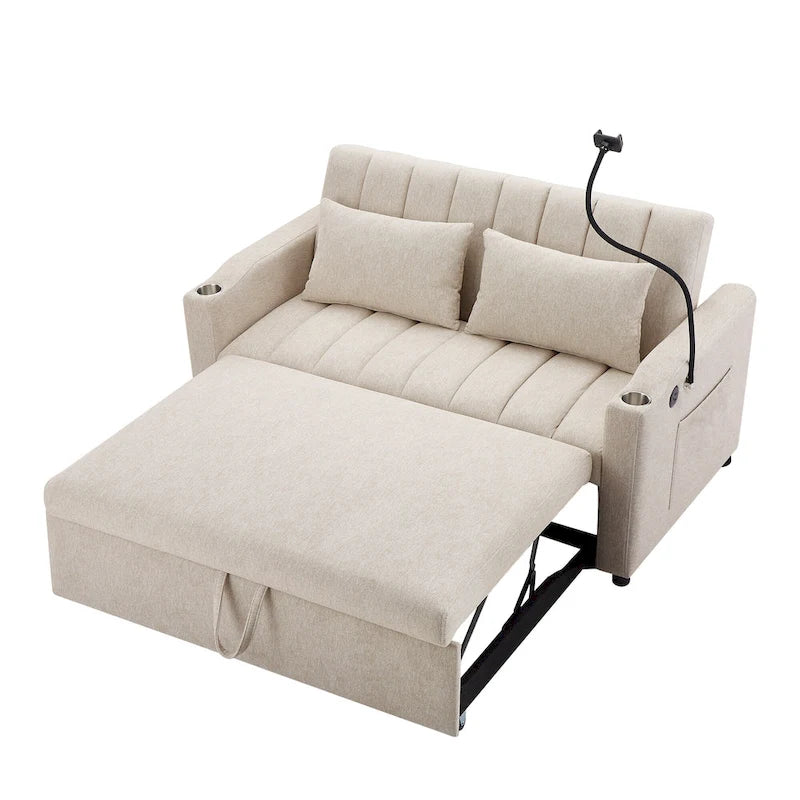 Canapé-lit convertible causeuse avec ports USB, porte-gobelets et dossier réglable