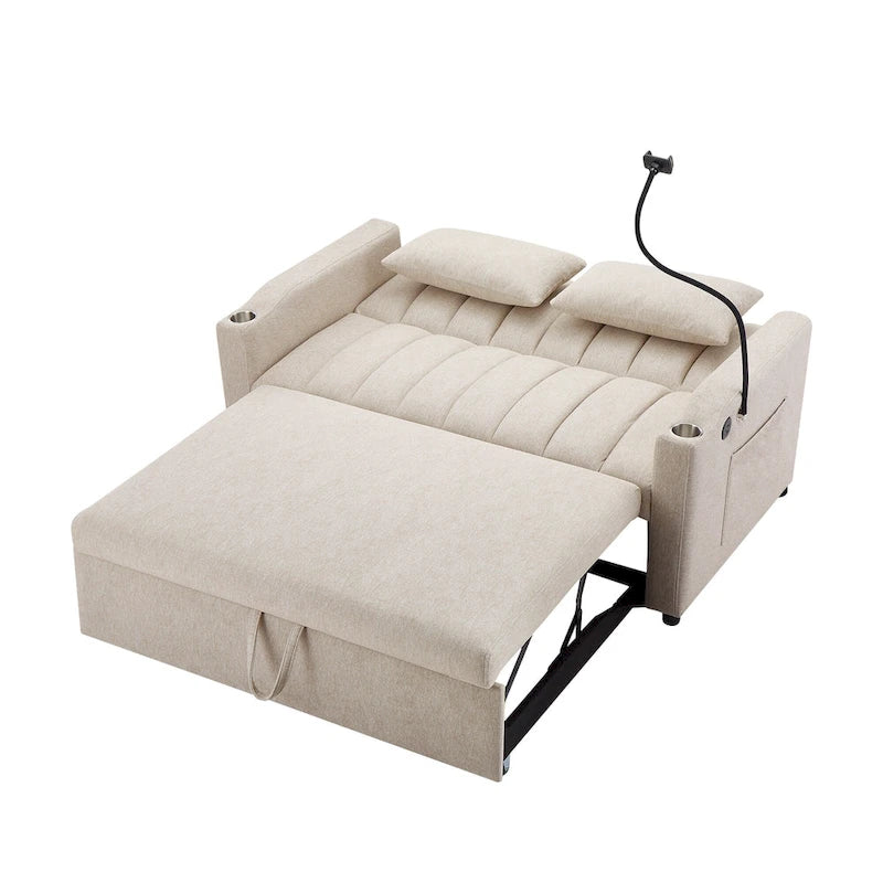 Canapé-lit convertible causeuse avec ports USB, porte-gobelets et dossier réglable
