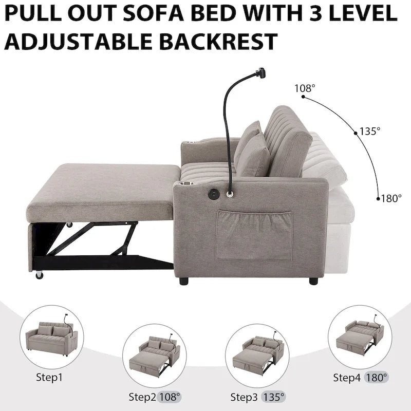 Canapé-lit convertible causeuse avec ports USB, porte-gobelets et dossier réglable