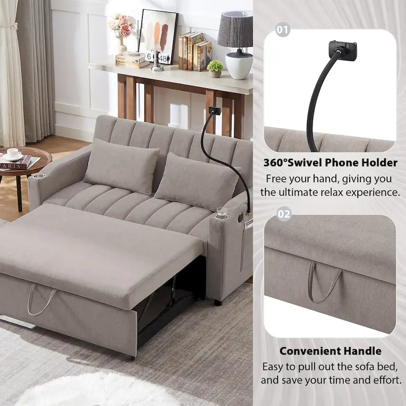 Canapé-lit convertible causeuse avec ports USB, porte-gobelets et dossier réglable