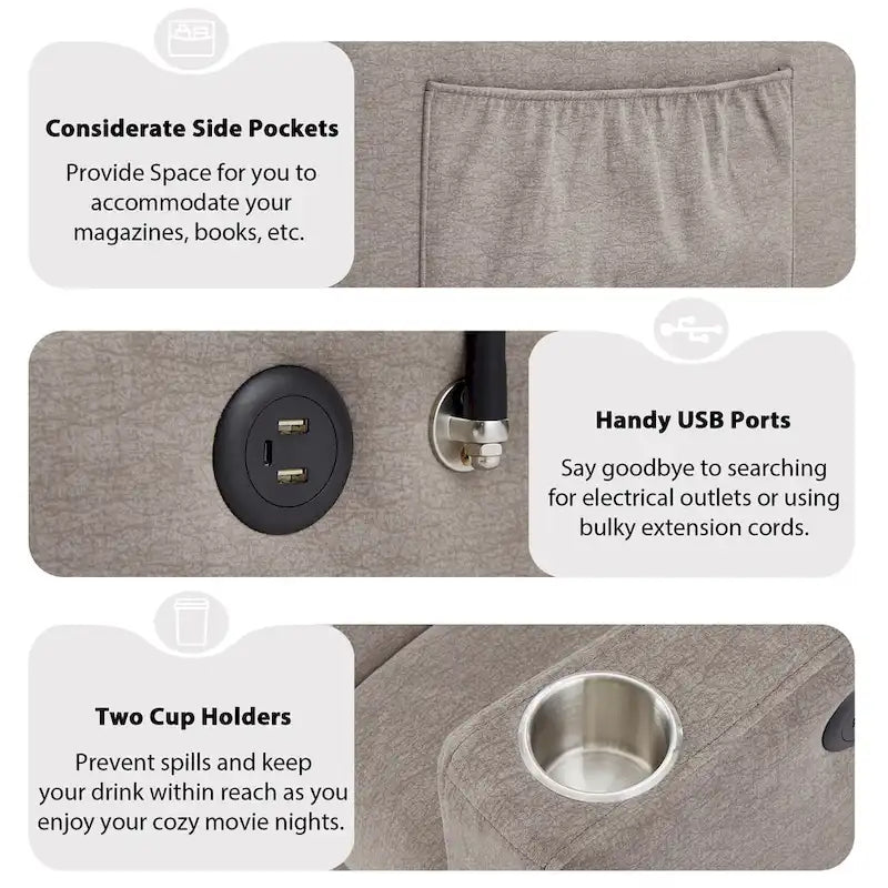 Canapé-lit convertible causeuse avec ports USB, porte-gobelets et dossier réglable