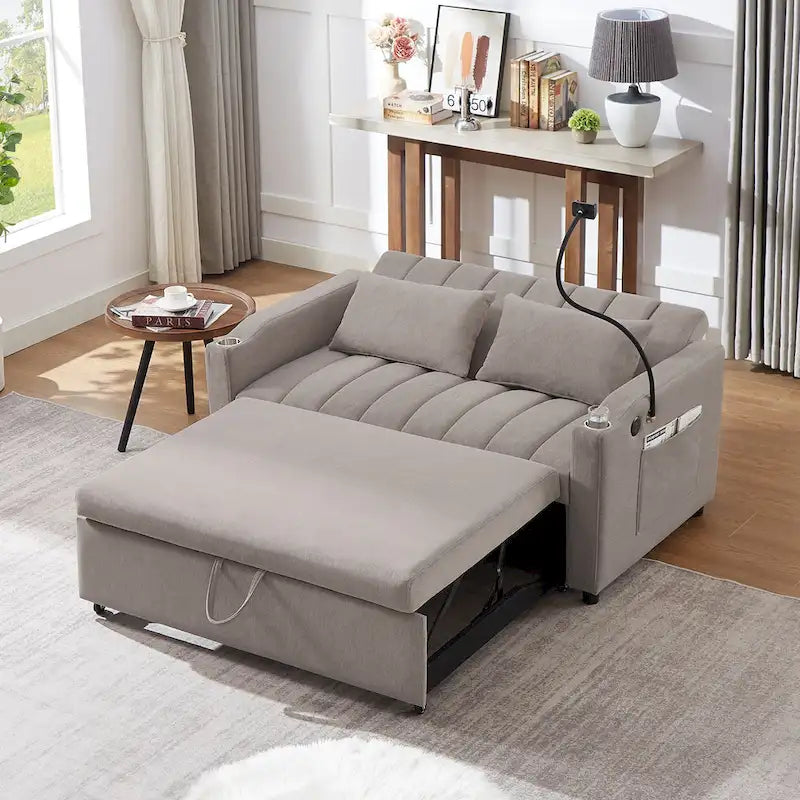 Canapé-lit convertible causeuse avec ports USB, porte-gobelets et dossier réglable