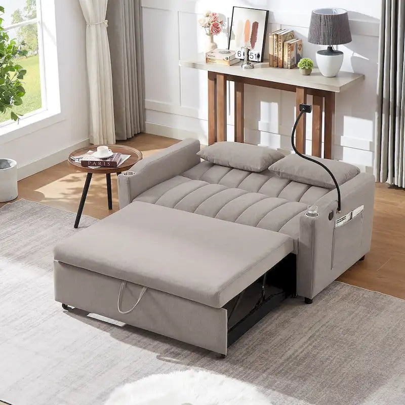 Canapé-lit convertible causeuse avec ports USB, porte-gobelets et dossier réglable