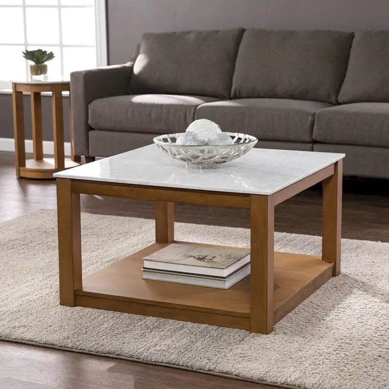 Table basse carrée avec plateau en faux marbre et étagère de rangement, 76,2 cm (L) x 76,2 cm (P) x 46,35 cm (H)