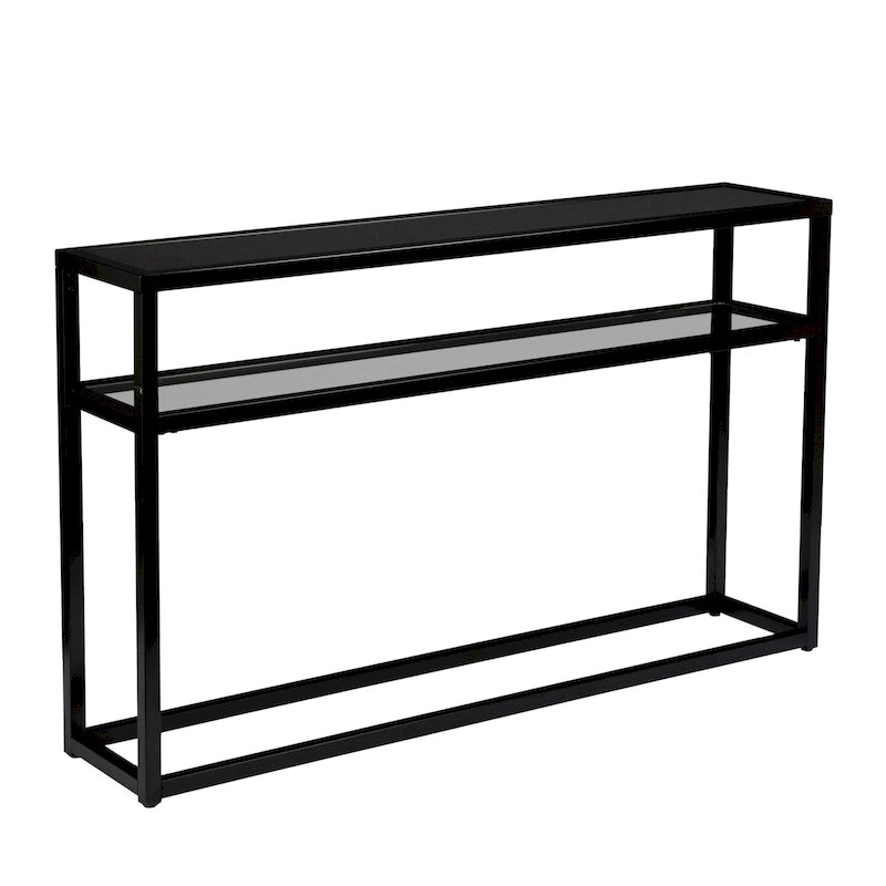 Console en verre noir avec cadre en métal et étagère inférieure