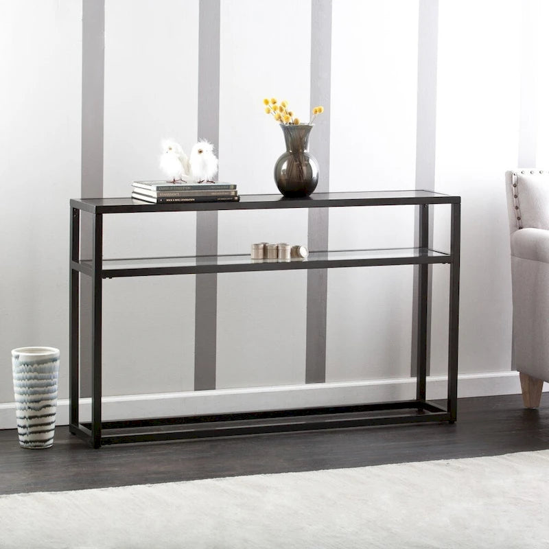 Console en verre noir avec cadre en métal et étagère inférieure