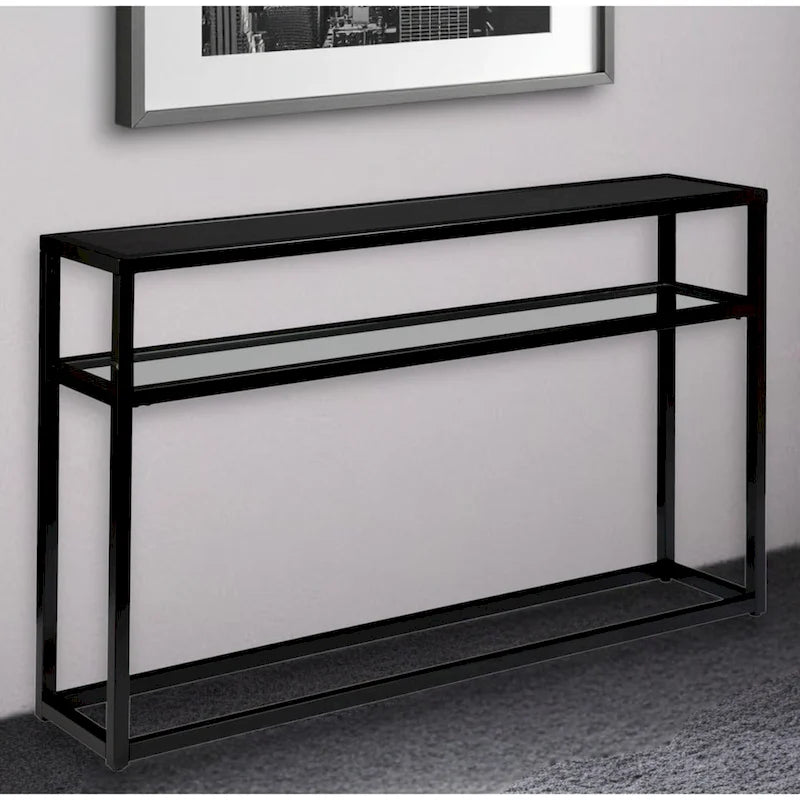 Console en verre noir avec cadre en métal et étagère inférieure