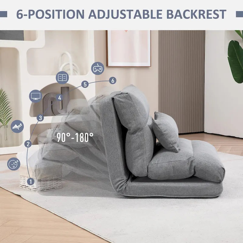 Chaise longue de sol pliable grise avec oreiller