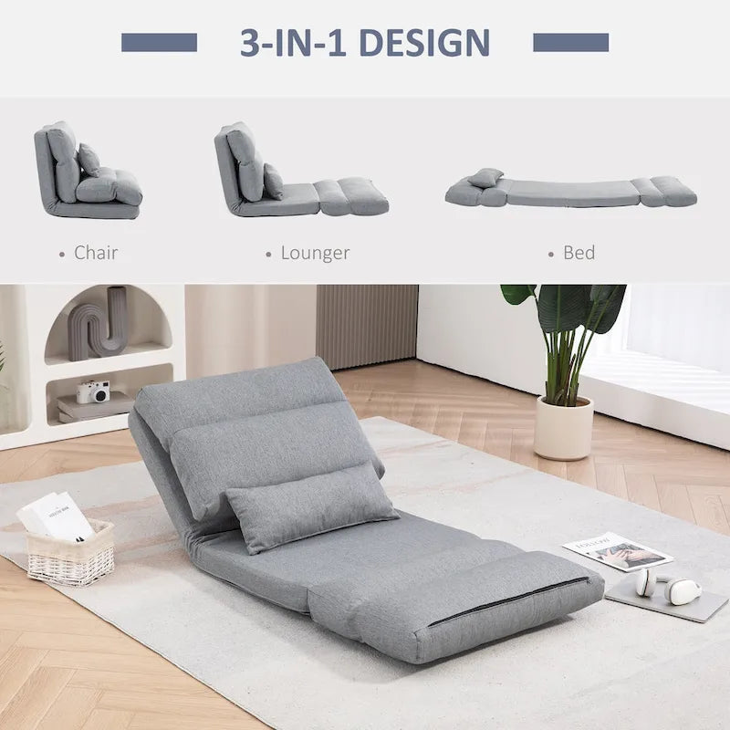Chaise longue de sol pliable grise avec oreiller