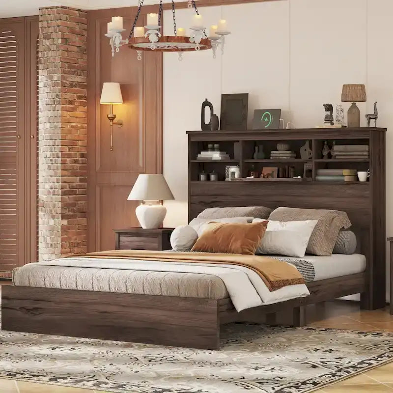 Lit plateforme queen size avec tête de lit de rangement et ports USB