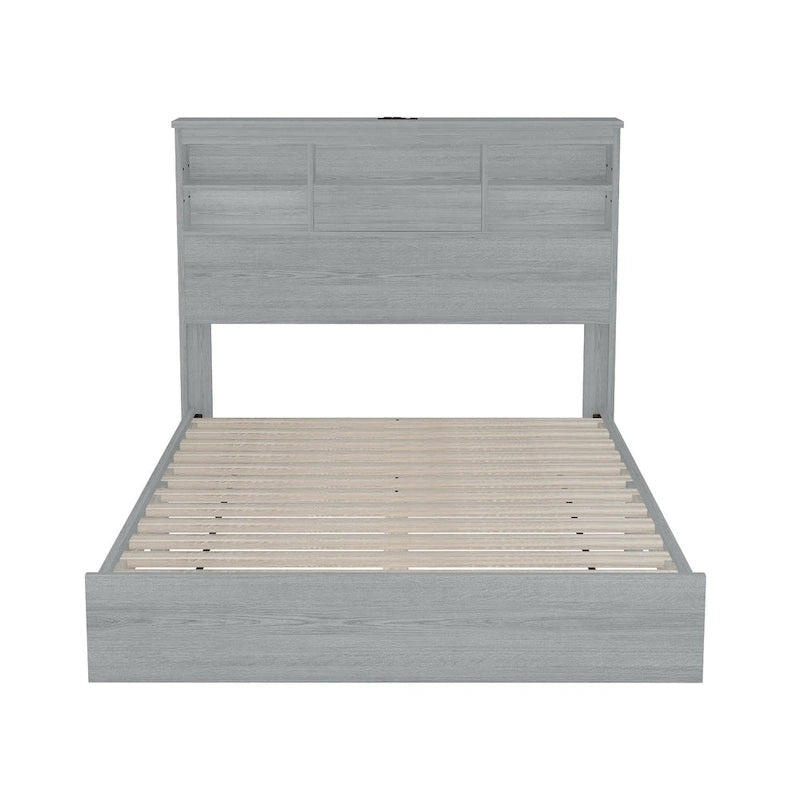 Lit plateforme queen size avec tête de lit de rangement et ports USB