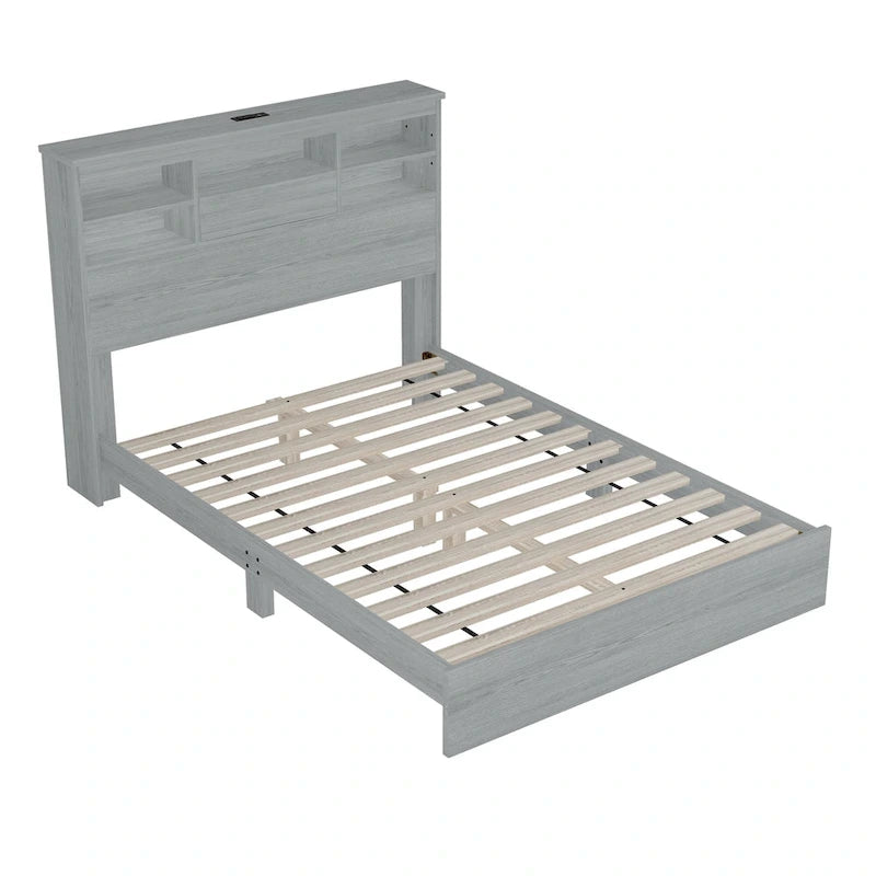 Lit plateforme queen size avec tête de lit de rangement et ports USB