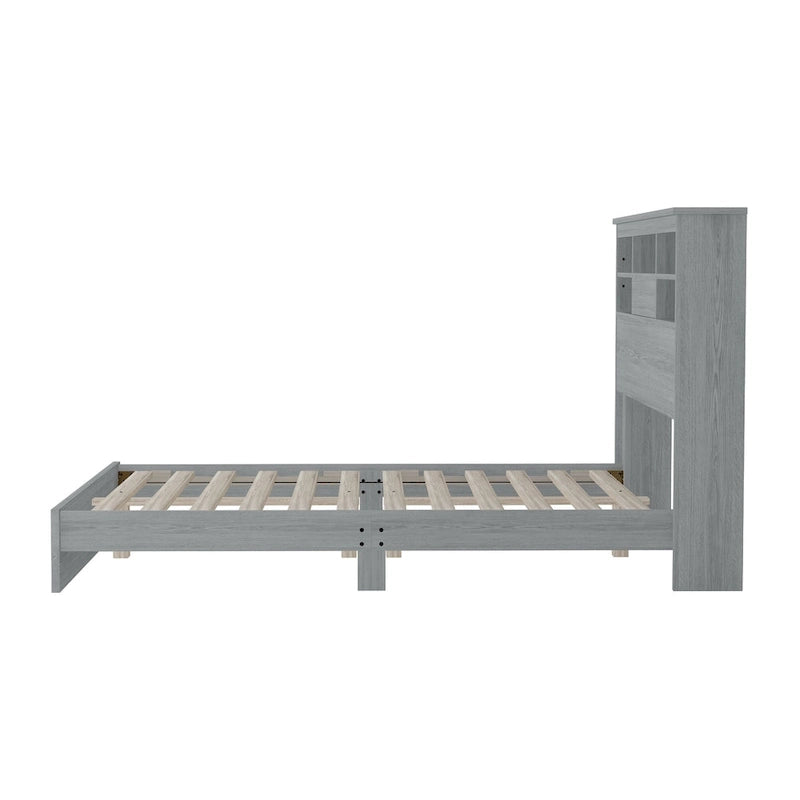 Lit plateforme queen size avec tête de lit de rangement et ports USB